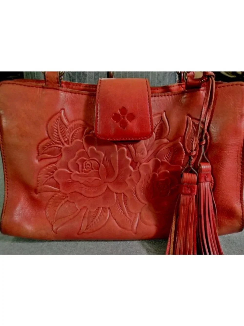 Patricia Nash Rienzo Satchel Rose Tooled Red Ochre Leather Tassel Handbag Purse